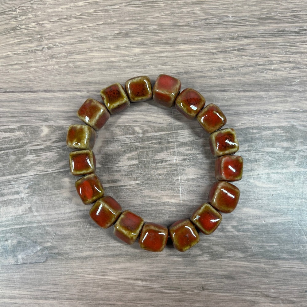 Ceramic Bead 7 in Bracelet Terracotta Red Brown Square Cube Artisan Stretch Boho